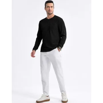JMIERR Men's Long Sleeve Shirts Casual Crew Neck Old Money Pullover Christmas Sweater 2024 Fall Tee with Pocket, 2XL, Black