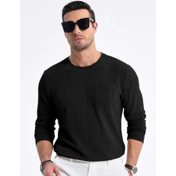 JMIERR Men's Long Sleeve Shirts Casual Crew Neck Old Money Pullover Christmas Sweater 2024 Fall Tee with Pocket, 2XL, Black