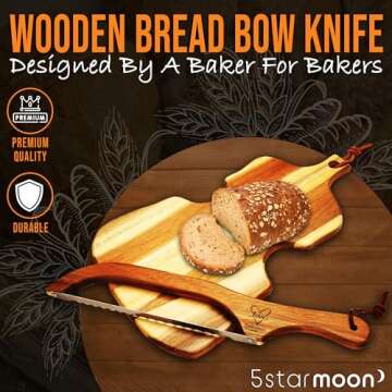 5StarMoon Bread Knife for Homemade Bread - 16" Wooden Bread Bow Knife, Sourdough Bread Knife & Bagel Cutter - Serrated Fiddle Bow Bread Slicer for Easy Cutting, Premium Stainless Steel (Right Handed)