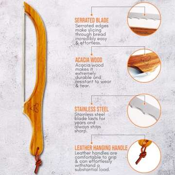 5StarMoon Bread Knife for Homemade Bread - 16" Wooden Bread Bow Knife, Sourdough Bread Knife & Bagel Cutter - Serrated Fiddle Bow Bread Slicer for Easy Cutting, Premium Stainless Steel (Right Handed)