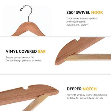 Quality Wooden Hangers - Slightly Curved Hanger Set - Solid Wood Coat Hangers with Stylish Chrome Hooks - Heavy-Duty Clothes, Jacket, Shirt, Pants, Suit Hangers (Natural, 10)