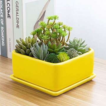MyGift Modern Yellow Ceramic Square Indoor Small Planter, Flower Succulent Plant Pot with Drainage Hole and Removable Drip Tray