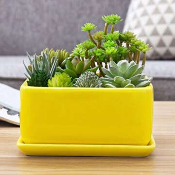 MyGift Modern Yellow Ceramic Square Indoor Small Planter, Flower Succulent Plant Pot with Drainage Hole and Removable Drip Tray