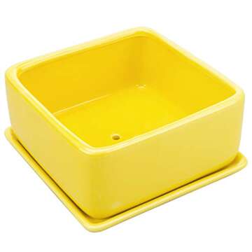 MyGift Modern Yellow Ceramic Square Indoor Small Planter, Flower Succulent Plant Pot with Drainage Hole and Removable Drip Tray