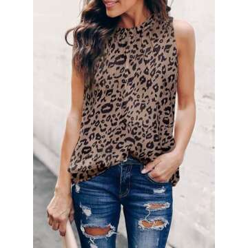 Dokotoo Womens Ladies Summer Fashion 2025 Sleeveless Shirts Keyhole Back Halter Neck Leopard Print T...
