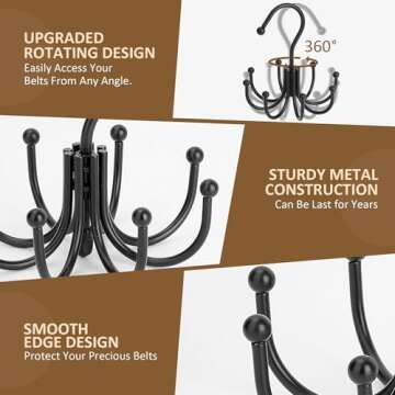 ZEDODIER Belt Hanger, Belt Rack Closet Accessories Organizer, Maximum 24 Storage Capacity, Hanging Holder Storage Hook for Belt, Bra, Tank Top, Tie, Scarf, Purse, Black