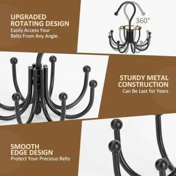 ZEDODIER Belt Hanger, Belt Rack Closet Accessories Organizer, Maximum 24 Storage Capacity, Hanging Holder Storage Hook for Belt, Bra, Tank Top, Tie, Scarf, Purse, Black