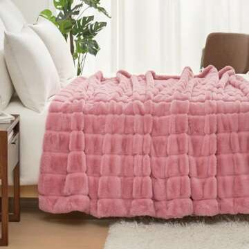 Cozy Bliss Faux Fur Throw Blanket for Couch, Cozy Warm Plush Striped Blanket for Sofa Bedroom Living Room, Pink