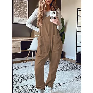 DEEP SELF Jumpsuit for Women, Wide-leg Summer Backless Comfy Maternity Rompers Overall with Pockets for Women (Medium, Brown)