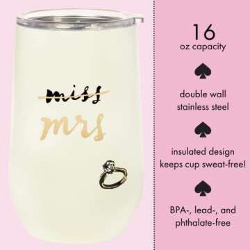 kate spade new york Insulated Bridal Stainless Steel Wine Tumbler, 16 Ounce Double Wall Tumbler for Bride to Be, Stemless Travel Cup with Lid, Miss to Mrs. (White)