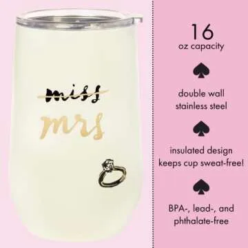 kate spade new york Insulated Bridal Stainless Steel Wine Tumbler, 16 Ounce Double Wall Tumbler for Bride to Be, Stemless Travel Cup with Lid, Miss to Mrs. (White)