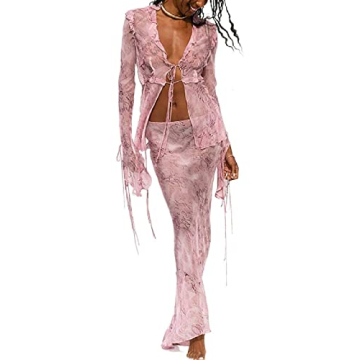 NUFIWI Sexy Y2K Ruffles Fairy Two Pieces Skirts Sets Asymmetric Mesh See Through Fringe Skirts Suits...