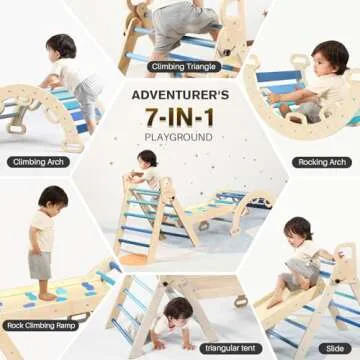BlueWood Pikler Triangle Set 7in1 Foldable Baby Climbing Wooden Toys with Arch&Ramp&Ladder Climber Indoor Jungle Gyms for Toddlers - Sky Blue