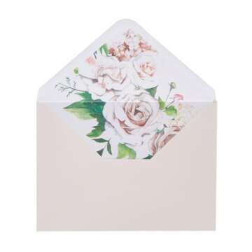 Paper Junkie A7 Envelopes with Floral Liner for Invitations, Greeting Cards, Weddings - 7.25 x 5.25 Inch - Ivory (Pack of 50)