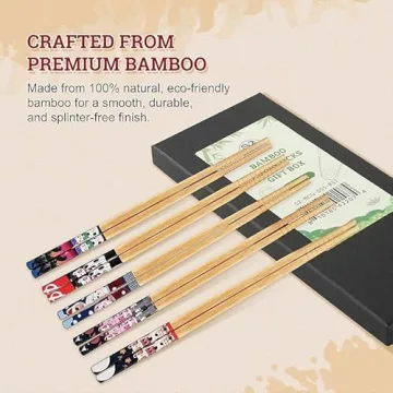 52USA Bamboo Chopsticks, Reusable with Case, Dishwasher Safe, 5 Pairs–Natural Wooden Chopsticks Gi...