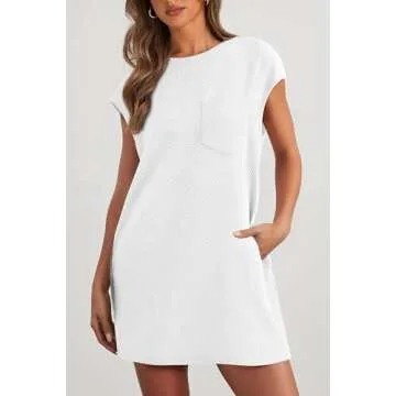 PRETTYGARDEN Women's Summer Short T Shirt Dress Cap Sleeve Crew Neck Casual Loose Basic Mini Dresses (White,Small)