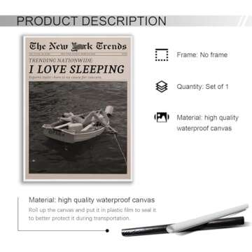 Generic Black and White Newspaper Art Trendy Newspaper Print Vintage Wall Art I Love Sleeping Poster...