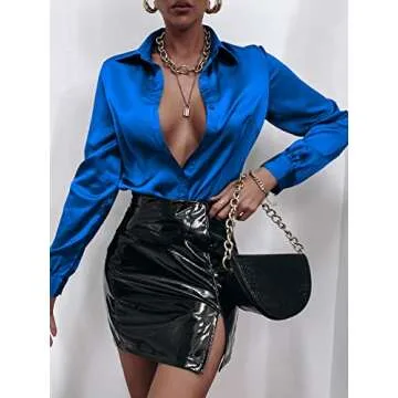 MakeMeChic Women's Satin Silk Long Sleeve Blouse Button Down Shirt Casual Top Royal Blue S