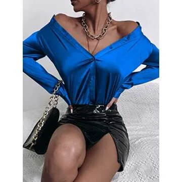 MakeMeChic Women's Satin Silk Long Sleeve Blouse Button Down Shirt Casual Top Royal Blue S