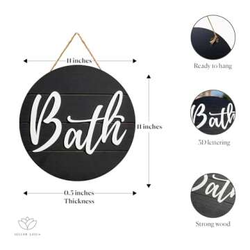 YELLOW LOTUS 3d Bathroom Signs Decor - 11" Large Farmhouse Bathroom Wall Decor Art, Black and White Apartment Decor Accessories, Wooden Door Hanging Bath Sign for Guest, Half Bath or Restroom, Round