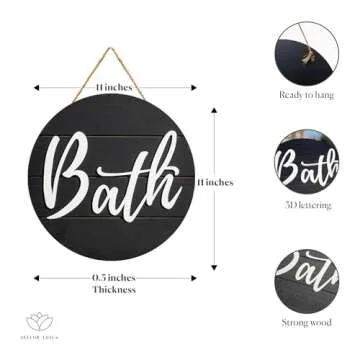 YELLOW LOTUS 3d Bathroom Signs Decor - 11" Large Farmhouse Bathroom Wall Decor Art, Black and White Apartment Decor Accessories, Wooden Door Hanging Bath Sign for Guest, Half Bath or Restroom, Round