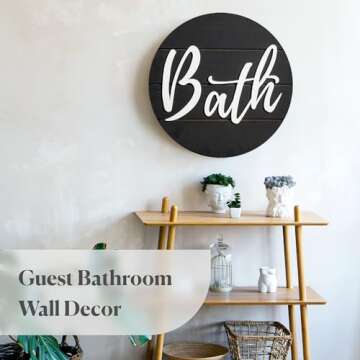 YELLOW LOTUS 3d Bathroom Signs Decor - 11" Large Farmhouse Bathroom Wall Decor Art, Black and White Apartment Decor Accessories, Wooden Door Hanging Bath Sign for Guest, Half Bath or Restroom, Round