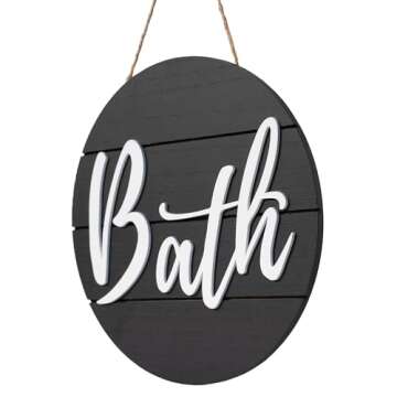 YELLOW LOTUS 3d Bathroom Signs Decor - 11" Large Farmhouse Bathroom Wall Decor Art, Black and White Apartment Decor Accessories, Wooden Door Hanging Bath Sign for Guest, Half Bath or Restroom, Round