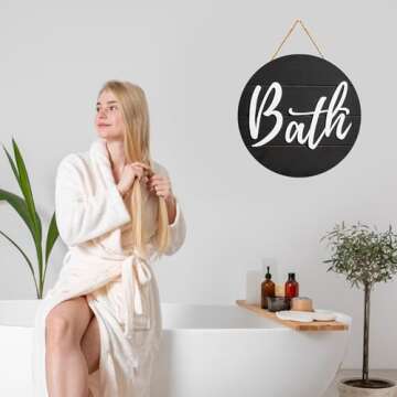 YELLOW LOTUS 3d Bathroom Signs Decor - 11" Large Farmhouse Bathroom Wall Decor Art, Black and White Apartment Decor Accessories, Wooden Door Hanging Bath Sign for Guest, Half Bath or Restroom, Round