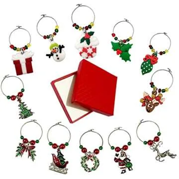 SANHE Christmas Wine Glass Charms Tags, Wine Drinker Gifts, Champagne Cocktail Drink Markers set of 12 in gift box（silver）