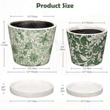 Set of 2 Ceramic Green Plant Pots with Drainage Hole and Saucers, Vintage Farmhouse Accent Planters ...