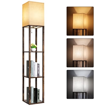 RUNTOP Floor Lamp with Shelves, Modern Shelf Lamp for Display Storage, 3 Color Temperature Wood Narr...