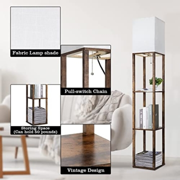 RUNTOP Floor Lamp with Shelves, Modern Shelf Lamp for Display Storage, 3 Color Temperature Wood Narrow Standing Corner Lamp with 8W Bulb for Living Room Decor, Bedroom, Office, Home Decor(Brown)
