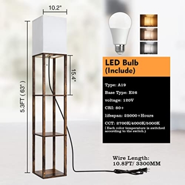 RUNTOP Floor Lamp with Shelves, Modern Shelf Lamp for Display Storage, 3 Color Temperature Wood Narrow Standing Corner Lamp with 8W Bulb for Living Room Decor, Bedroom, Office, Home Decor(Brown)