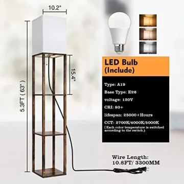 RUNTOP Floor Lamp with Shelves, Modern Shelf Lamp for Display Storage, 3 Color Temperature Wood Narrow Standing Corner Lamp with 8W Bulb for Living Room Decor, Bedroom, Office, Home Decor(Brown)