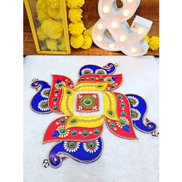 Itiha Hindu Swastik Peacock Rangoli Indian Decor - 12 Piece Handmade for Wall, Floor & Table Decorat...