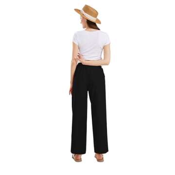 CHARTOU Women's Summer Drawstring Waist Wide Leg Loose Cotton Linen Palazzo Pants (Small, Black)