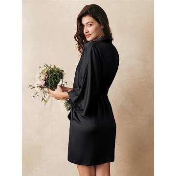 AW BRIDAL Women's Short Black Silk Robe - Kimono Style for Brides