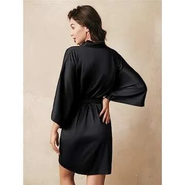 Elegant AW BRIDAL Black Silk Kimono Robe for Brides
