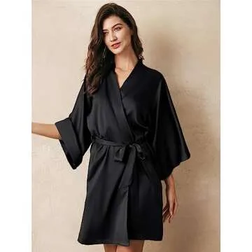 Elegant AW BRIDAL Black Silk Kimono Robe for Brides