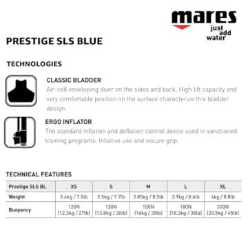 Mares Prestige SLS BCD | Unisex Ergonomic Lightweight Scuba Diving Travel Jacket BCD | High-Lift Capacity, 420 D Cordura, Large Pockets, Blue, Medium