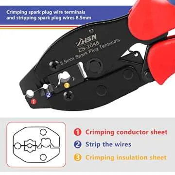 Zhushan Spark Plug Wire Crimping Tool Kit, Ratchet Spark Plug Crimper Diameter 8.5mm for Crimping and Stripping Plug, 24PCS 180 °/90 °/Straight Spark Plug Coil Terminals and 24PCS Terminals Boots
