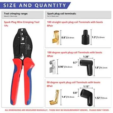 Zhushan Spark Plug Wire Crimping Tool Kit, Ratchet Spark Plug Crimper Diameter 8.5mm for Crimping and Stripping Plug, 24PCS 180 °/90 °/Straight Spark Plug Coil Terminals and 24PCS Terminals Boots