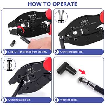 Zhushan Spark Plug Wire Crimping Tool Kit, Ratchet Spark Plug Crimper Diameter 8.5mm for Crimping and Stripping Plug, 24PCS 180 °/90 °/Straight Spark Plug Coil Terminals and 24PCS Terminals Boots