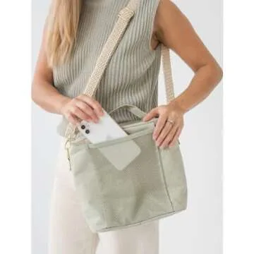 SoYoung Lunch Poche - Insulated Lunch Bag for Work, Travel & Picnic, Aesthetic Design, Linen/Cotton, Machine Washable, Detachable Strap - Sage Green