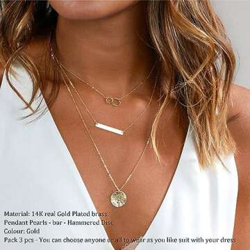 Turandoss Dainty Interlocking Circles Necklace Bar Hammered Disc 14K Gold Simple Necklace Women Jewe...