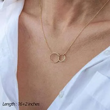 Turandoss Dainty Interlocking Circles Necklace Bar Hammered Disc 14K Gold Simple Necklace Women Jewelry Layered, Gold Choker Necklaces for Women