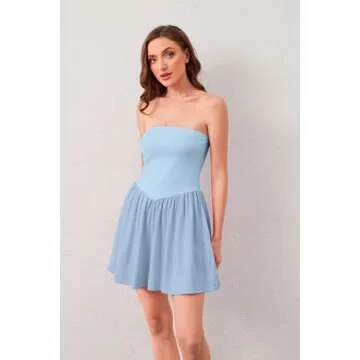 DURUNUL Tube Top Dress for Women Summer Solid Strapless Flowy Mini Dresses Patchwork Pleated Drop Waist Flared Party Dress Blue