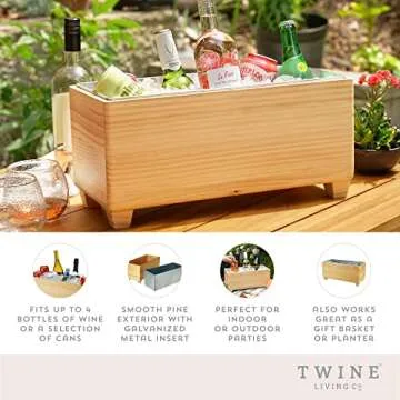 Twine Ice Bucket Wood and Galvanized Metal Tub - Rustic Beverage Holder for Parties
