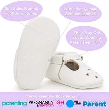 BirdRock Baby Mary Jane Moccasins - Genuine Leather Soft Sole Baby Girl Shoes for Newborns, Infants, Babies, and Toddlers (Pearl White, US 6.5)
