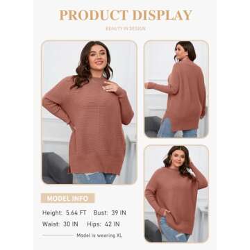 Eytino Womens Plus Size 2024 Casual Long Sleeve Crewneck Split Hem Oversized Knit Tunic Pullover Sweater Tops,1X Rose Tan